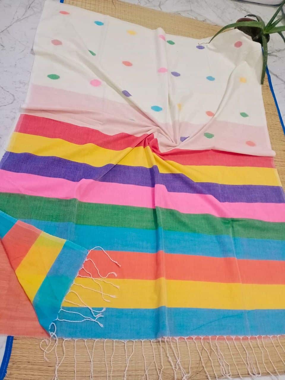 Off White Pure Cotton Soft Saree With Color Filled Pallu