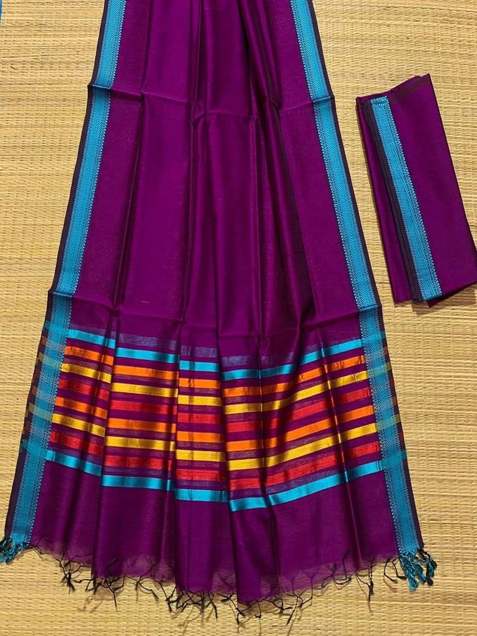Purple Cotton Silk Saree With Multi Color Stripe Pallu