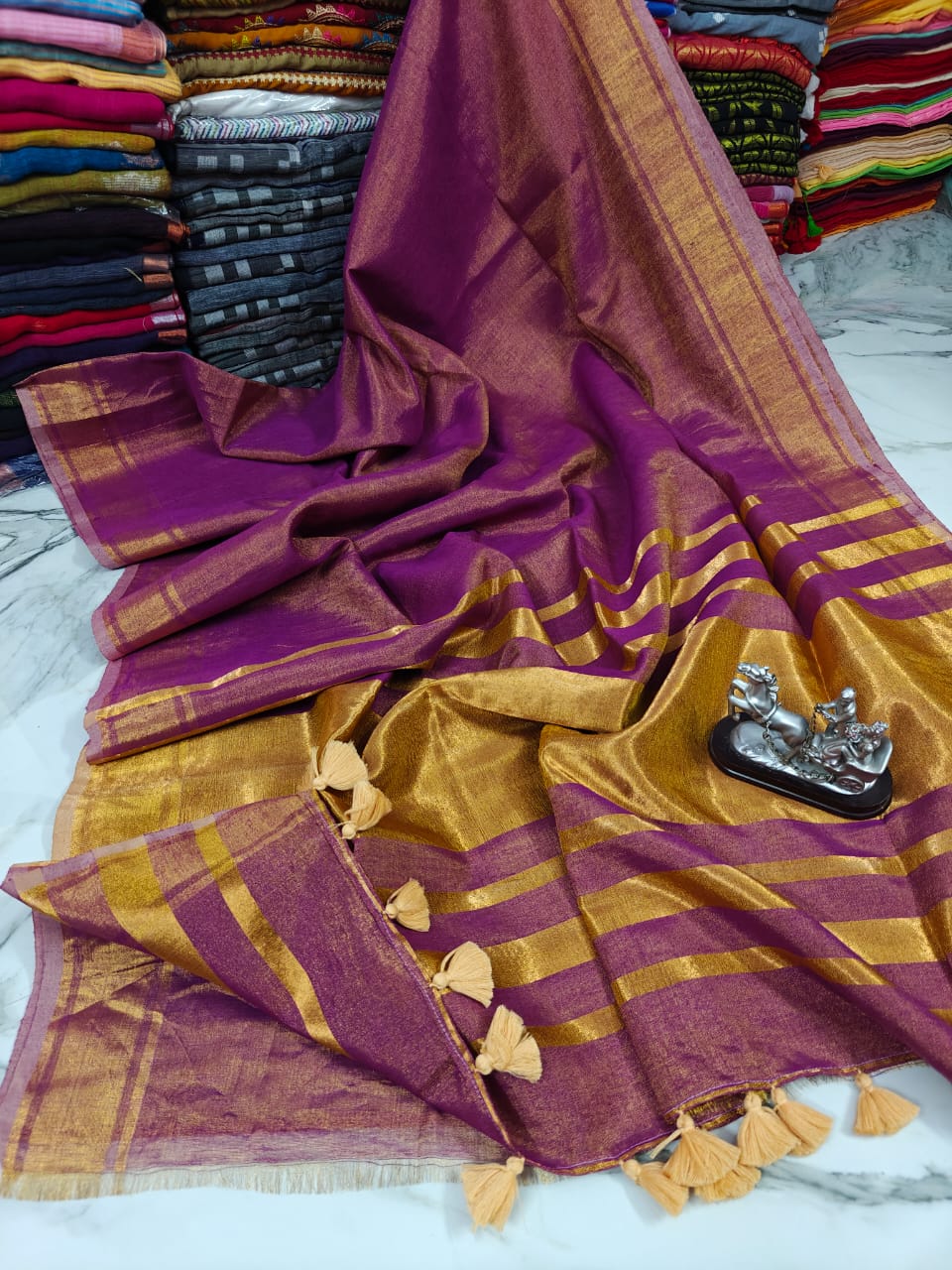 Purple Tissue Linen Saree With Running Blouse