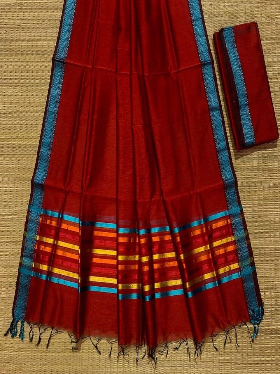 Red Cotton Silk Saree With Multi Color Stripe Pallu