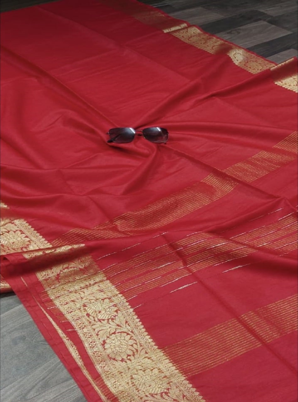 Red Kota Cotton Silk Saree With Banarasi Border