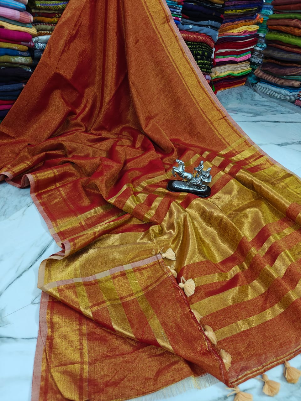 Red Tissue Linen Saree With Running Blouse