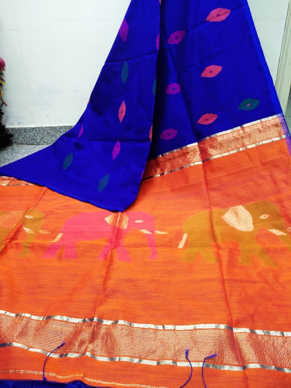Royal Blue Orange Elephant Design Cotton Silk Saree