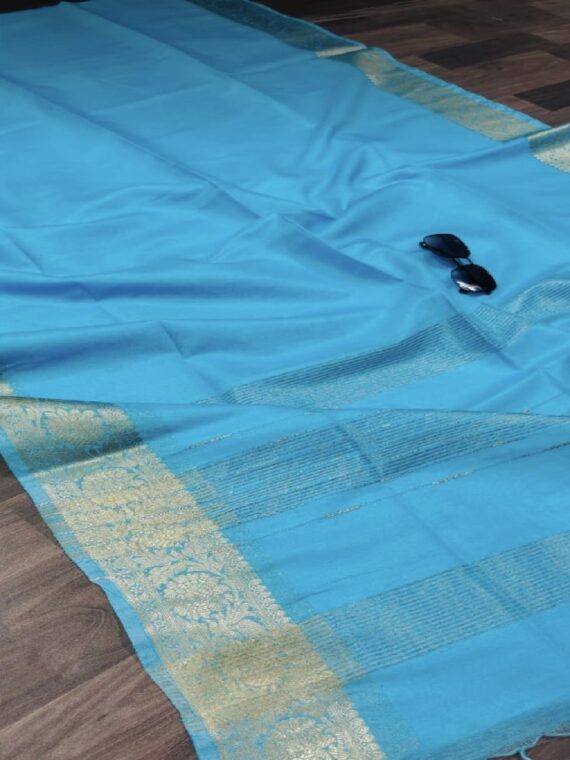 Sky Blue Kota Cotton Silk Saree With Banarasi Border