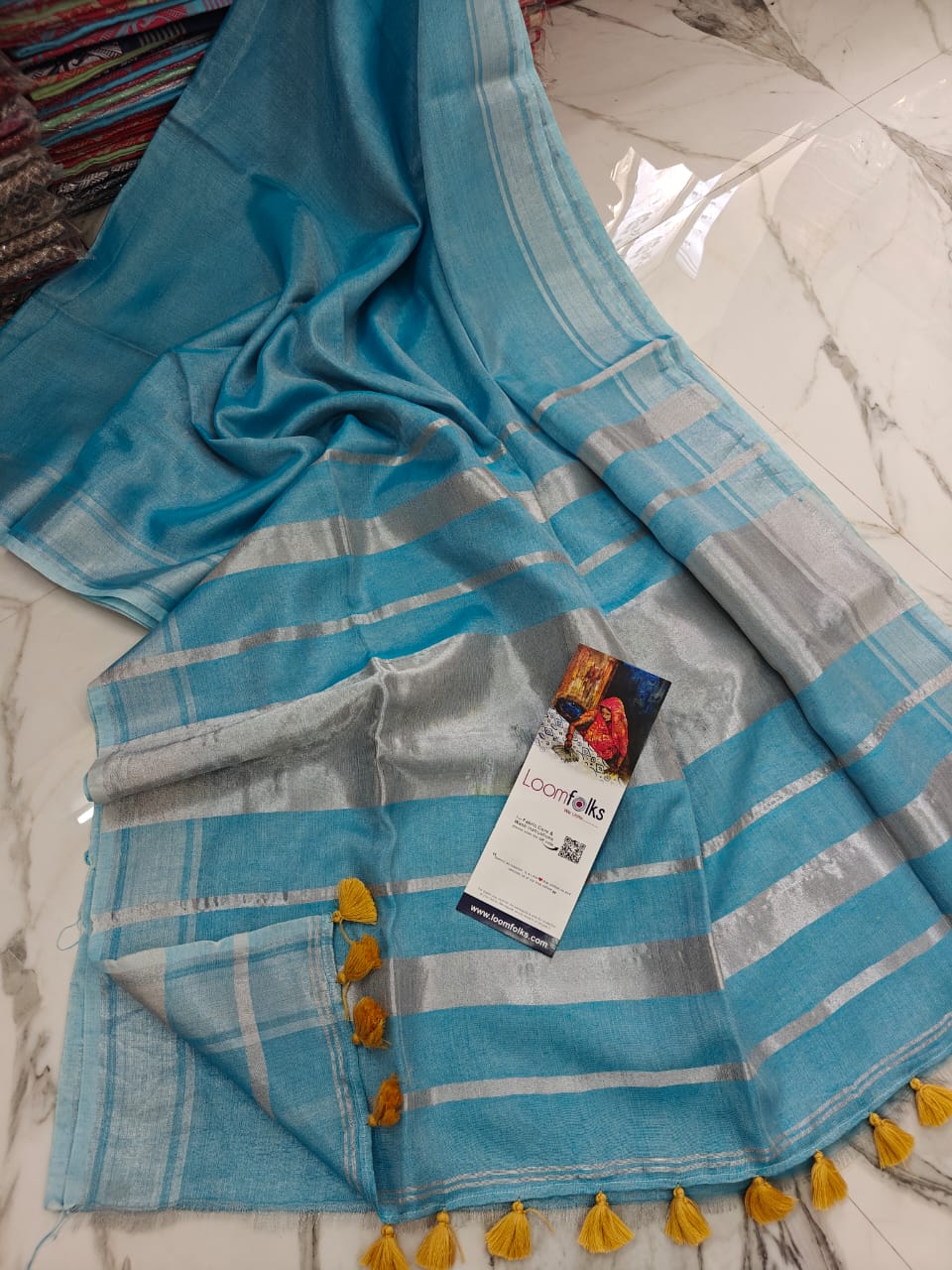 Sky Blue Tissue Linen Saree With Running Blouse