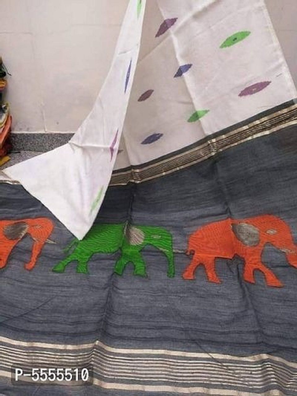 White Black Elephant Design Cotton Silk Saree