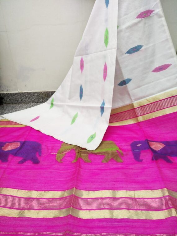 White Pink Elephant Design Cotton Silk Saree