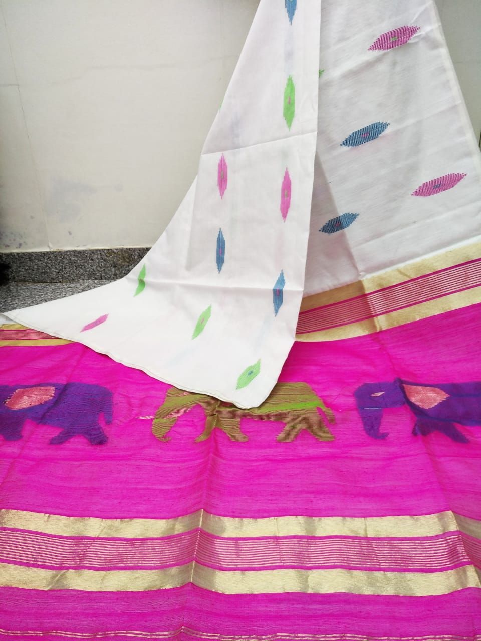White Pink Elephant Design Cotton Silk Saree