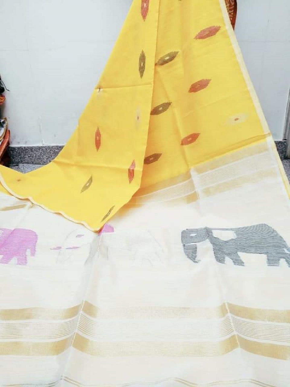 Yellow White Elephant Design Cotton Silk Saree