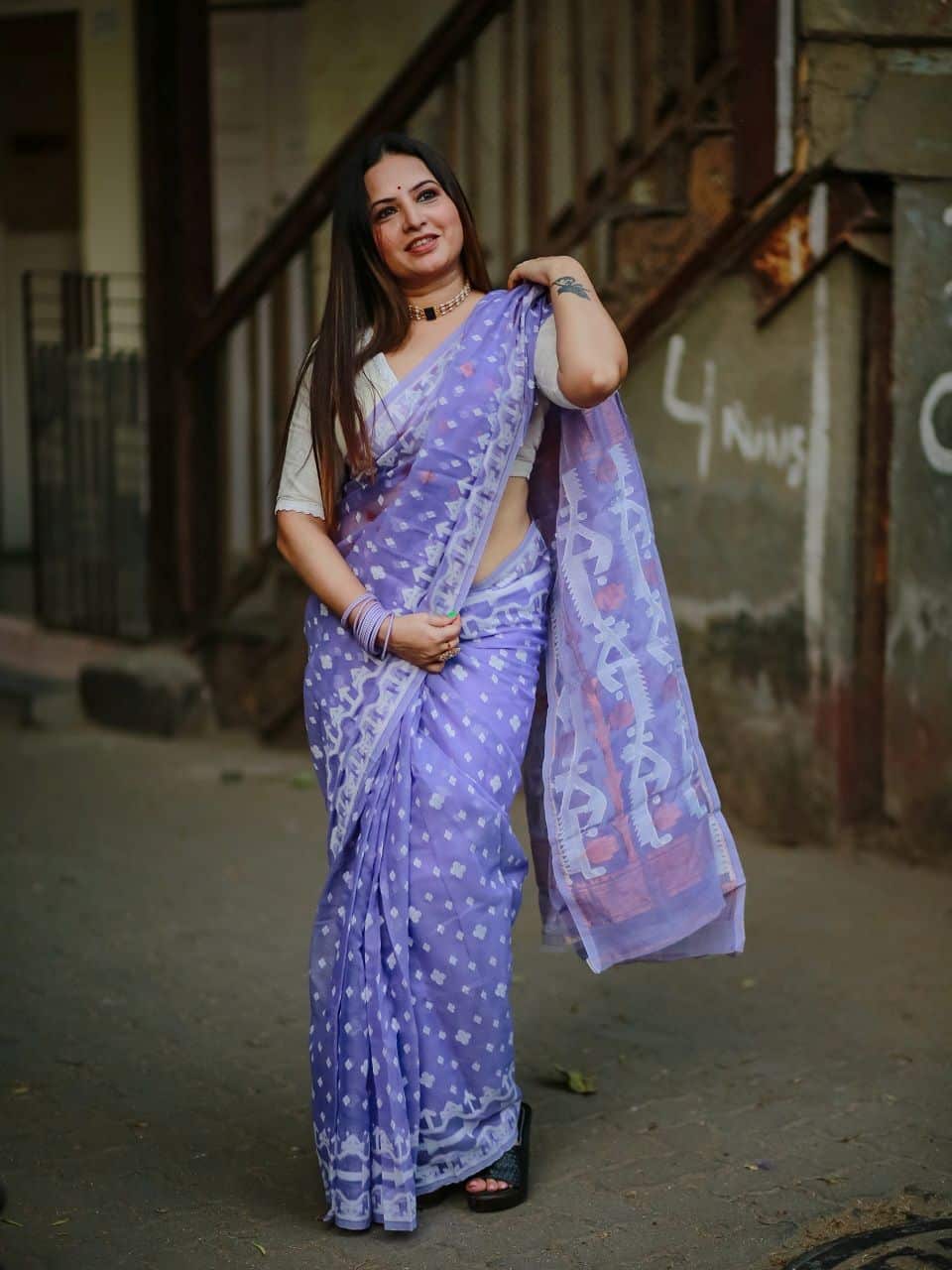 Lavender Lilac Dhakai Cotton Silk Jamdani Saree With Blouse Piece