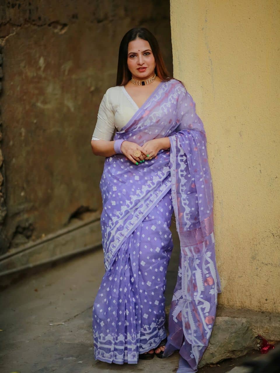 Lavender Lilac Dhakai Cotton Silk Jamdani Saree With Blouse Piece