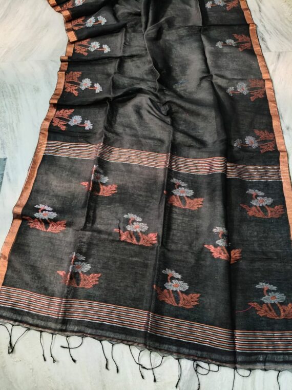 Awesome Black Tissue Linen Saree Handwoven With Floral Design