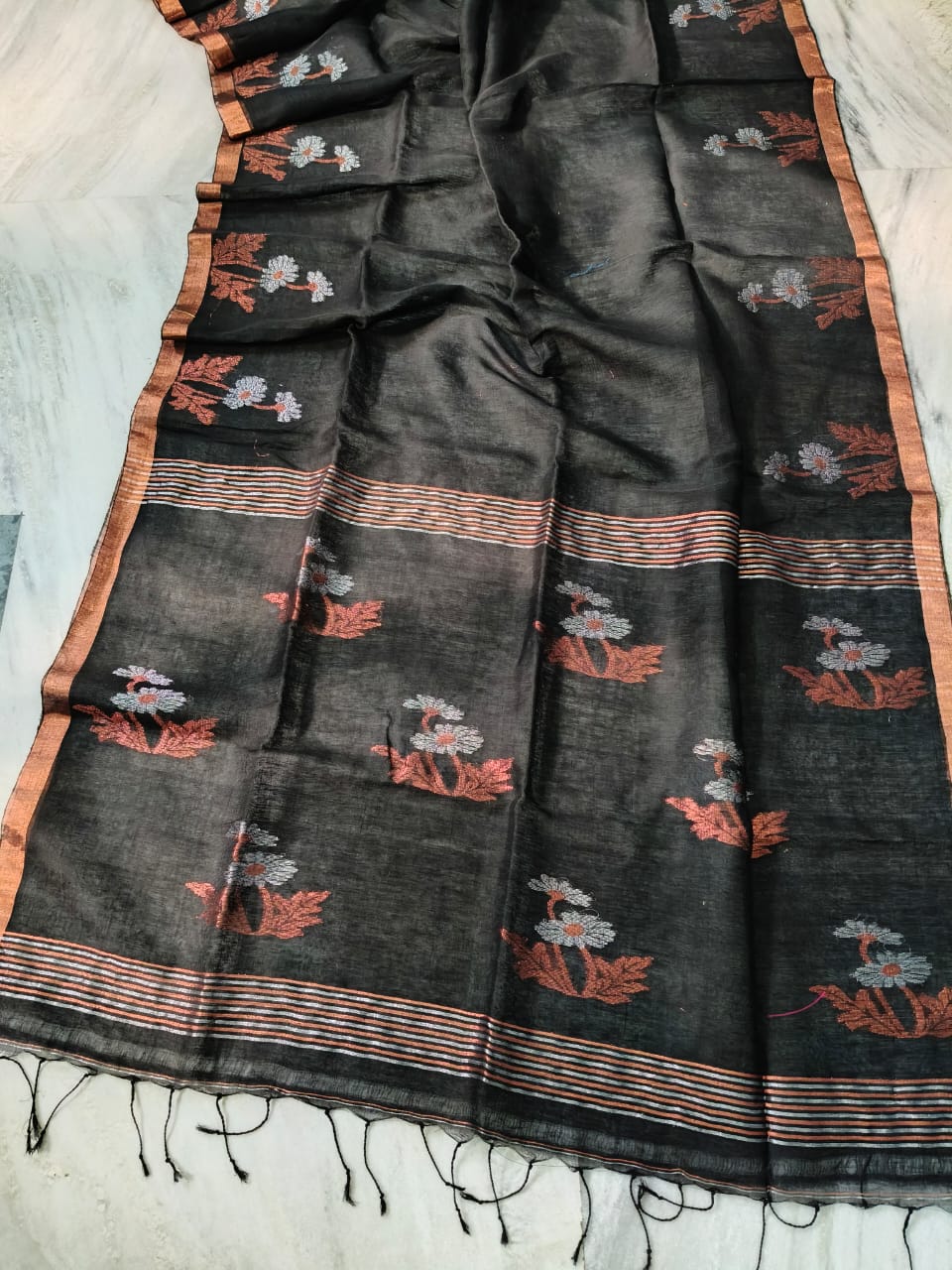 Awesome Black Tissue Linen Saree Handwoven With Floral Design