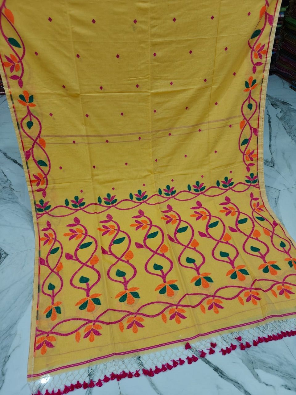 Awesome Yellow Lota Par Jamdani Pure Cotton Handwoven Saree