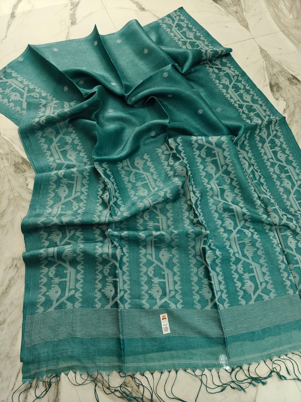 Beautiful Teal Green Pure Tussar Silk Bengal Handwoven Saree