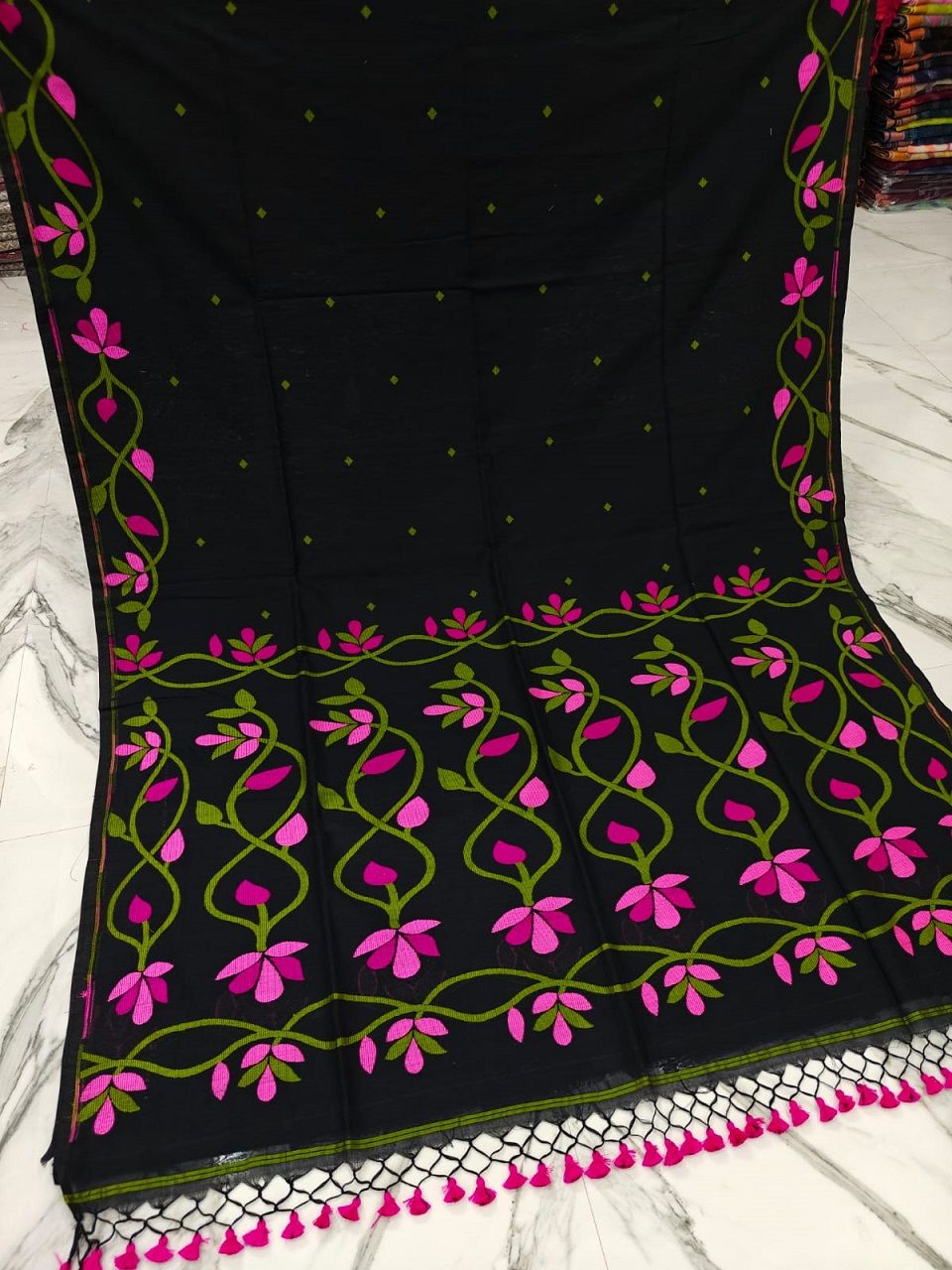 Black Pink Lota Par Jamdani Pure Cotton Handwoven Saree