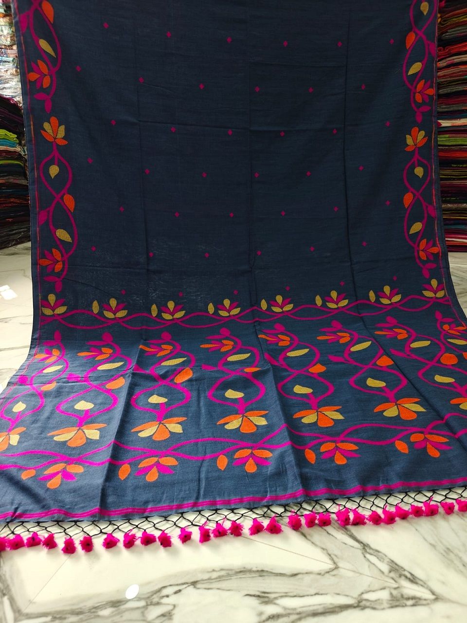 Bluish Grey Lota Par Jamdani Pure Cotton Handwoven Saree