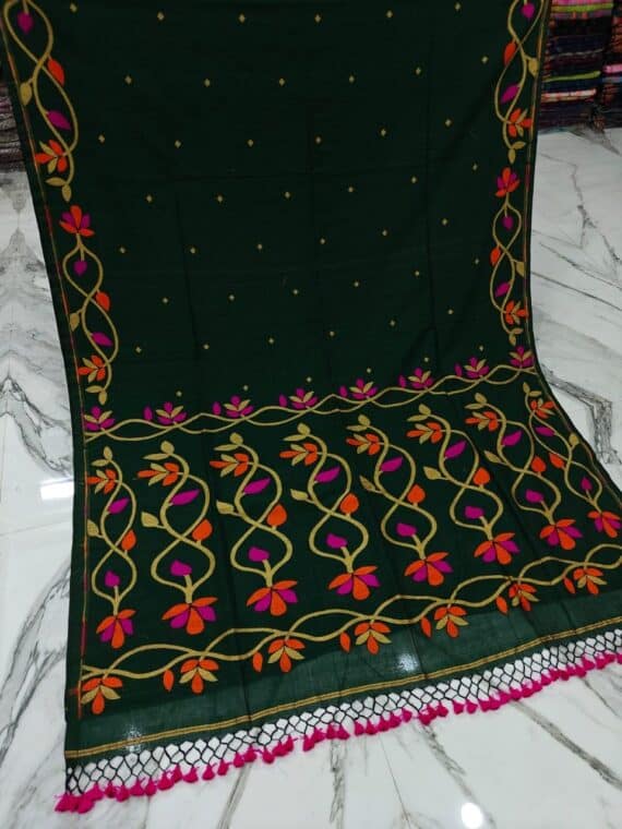 Bottle Green Lota Par Jamdani Pure Cotton Handwoven Saree