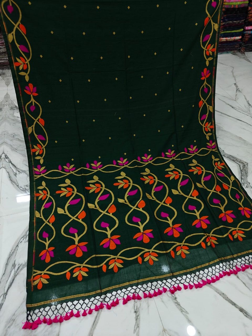 Bottle Green Lota Par Jamdani Pure Cotton Handwoven Saree