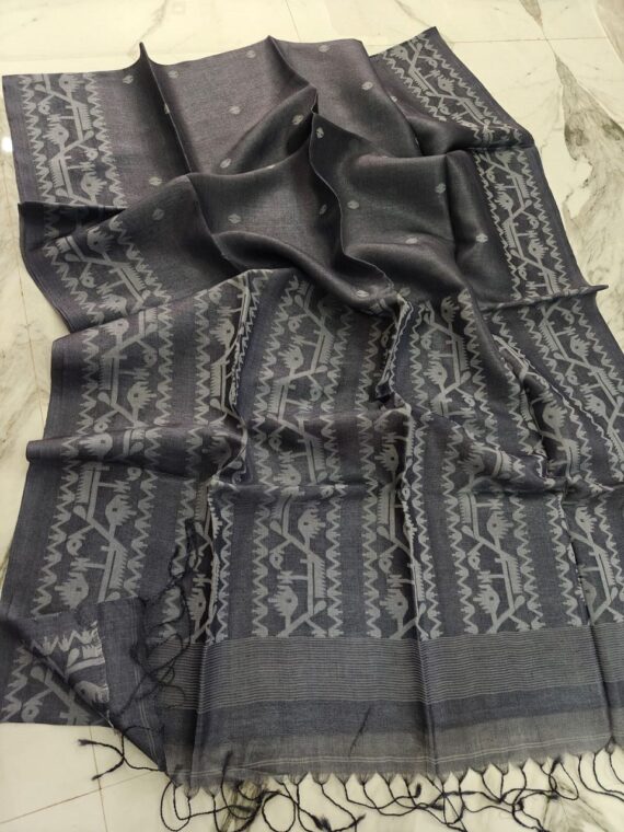 Charcoal Grey Pure Tussar Silk Bengal Handwoven Saree
