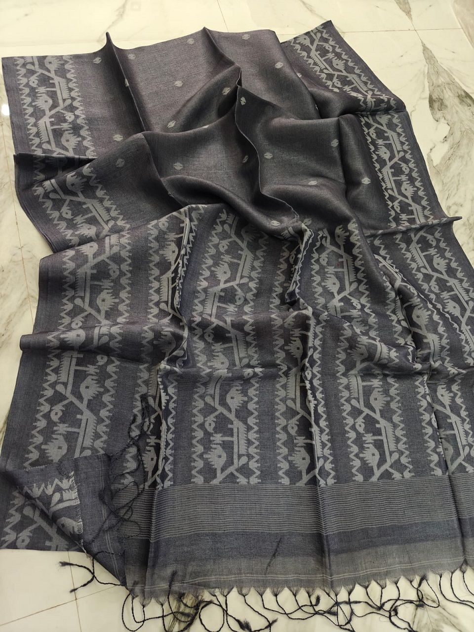 Charcoal Grey Pure Tussar Silk Bengal Handwoven Saree