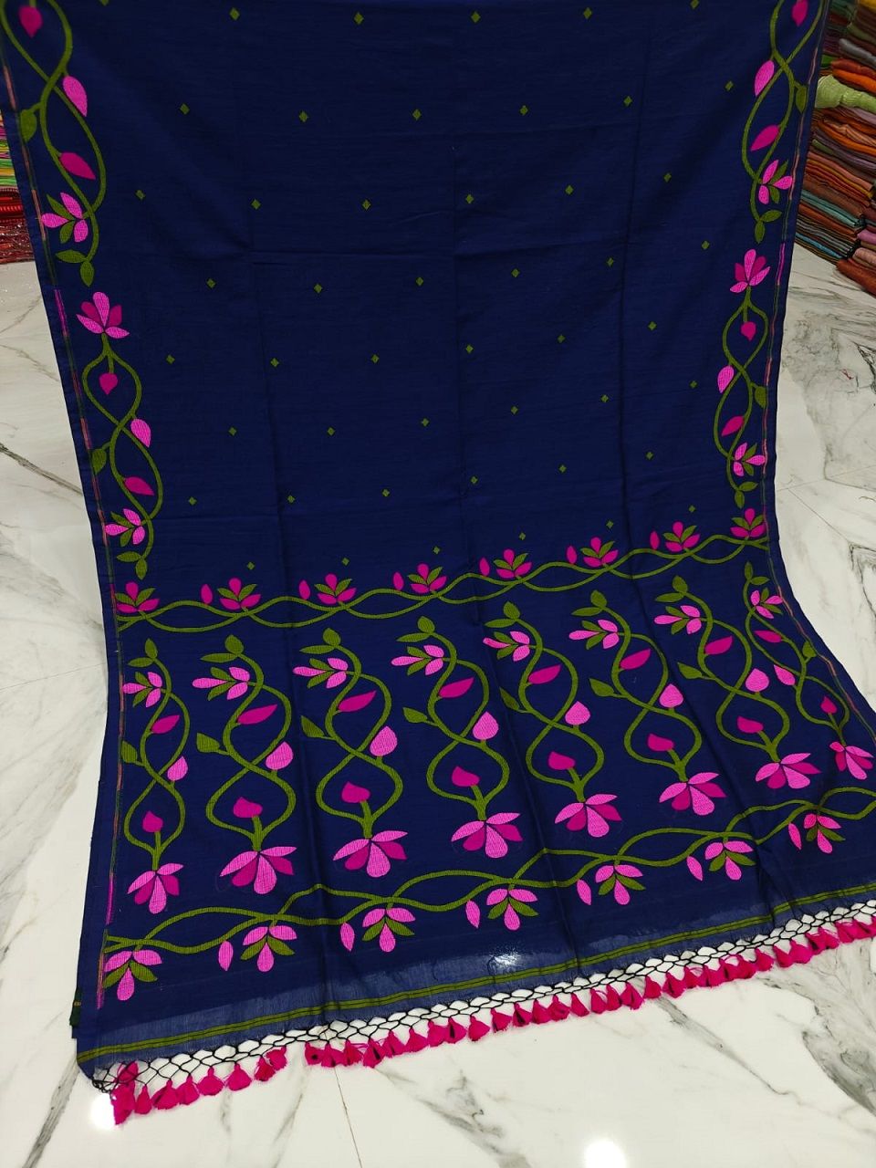 Dark Blue Lota Par Jamdani Pure Cotton Handwoven Saree