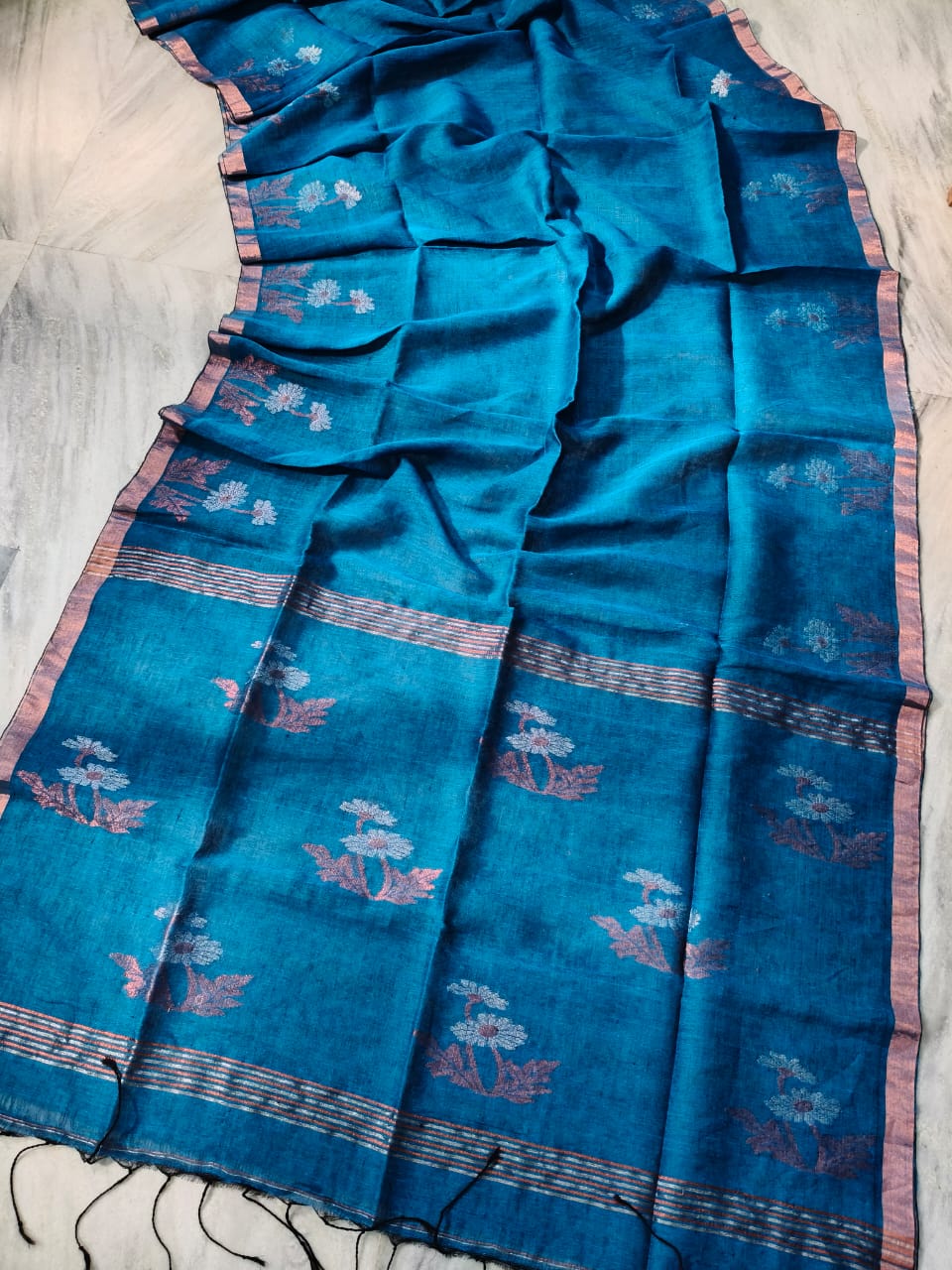 Dark Blue Tissue Linen Saree Handwoven With Floral Design
