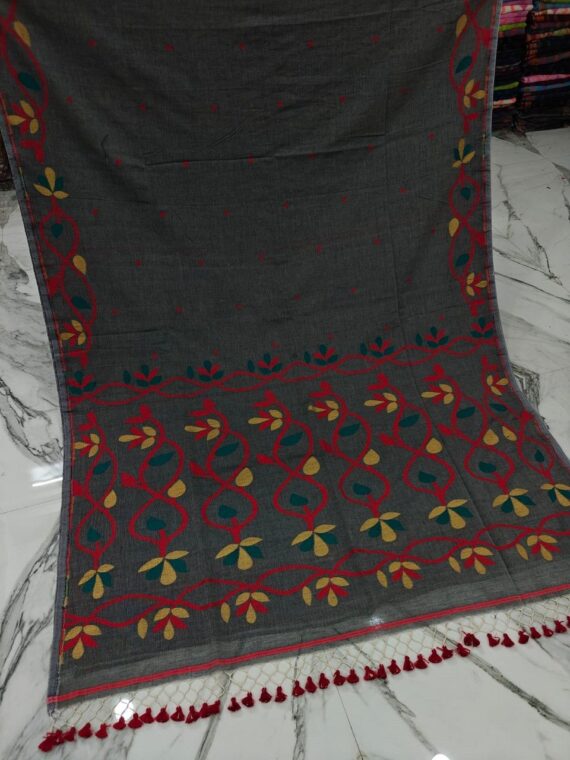 Dark Grey Lota Par Jamdani Pure Cotton Handwoven Saree