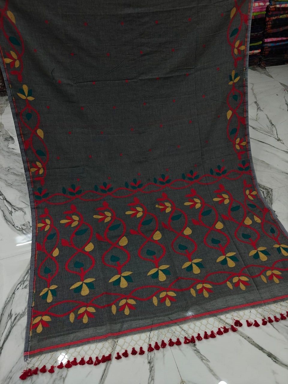 Dark Grey Lota Par Jamdani Pure Cotton Handwoven Saree