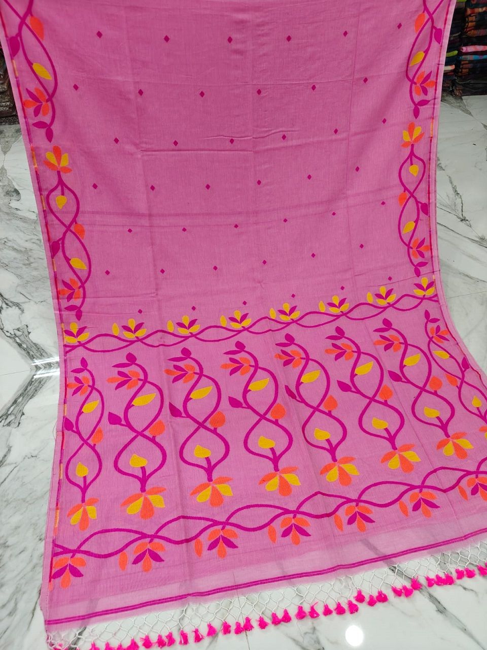 Deep Pink Orange Lota Par Jamdani Pure Cotton Handwoven Saree