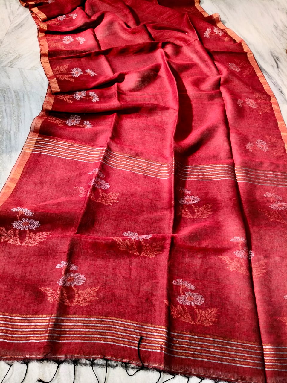 Gorgeous Red Tissue Linen Saree Handwoven With Floral Design