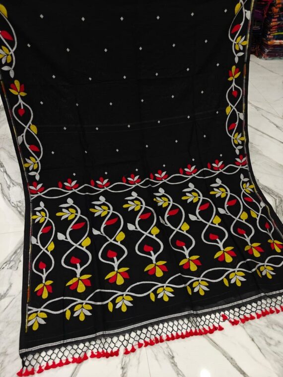 Jet Black White Lota Par Jamdani Pure Cotton Handwoven Saree