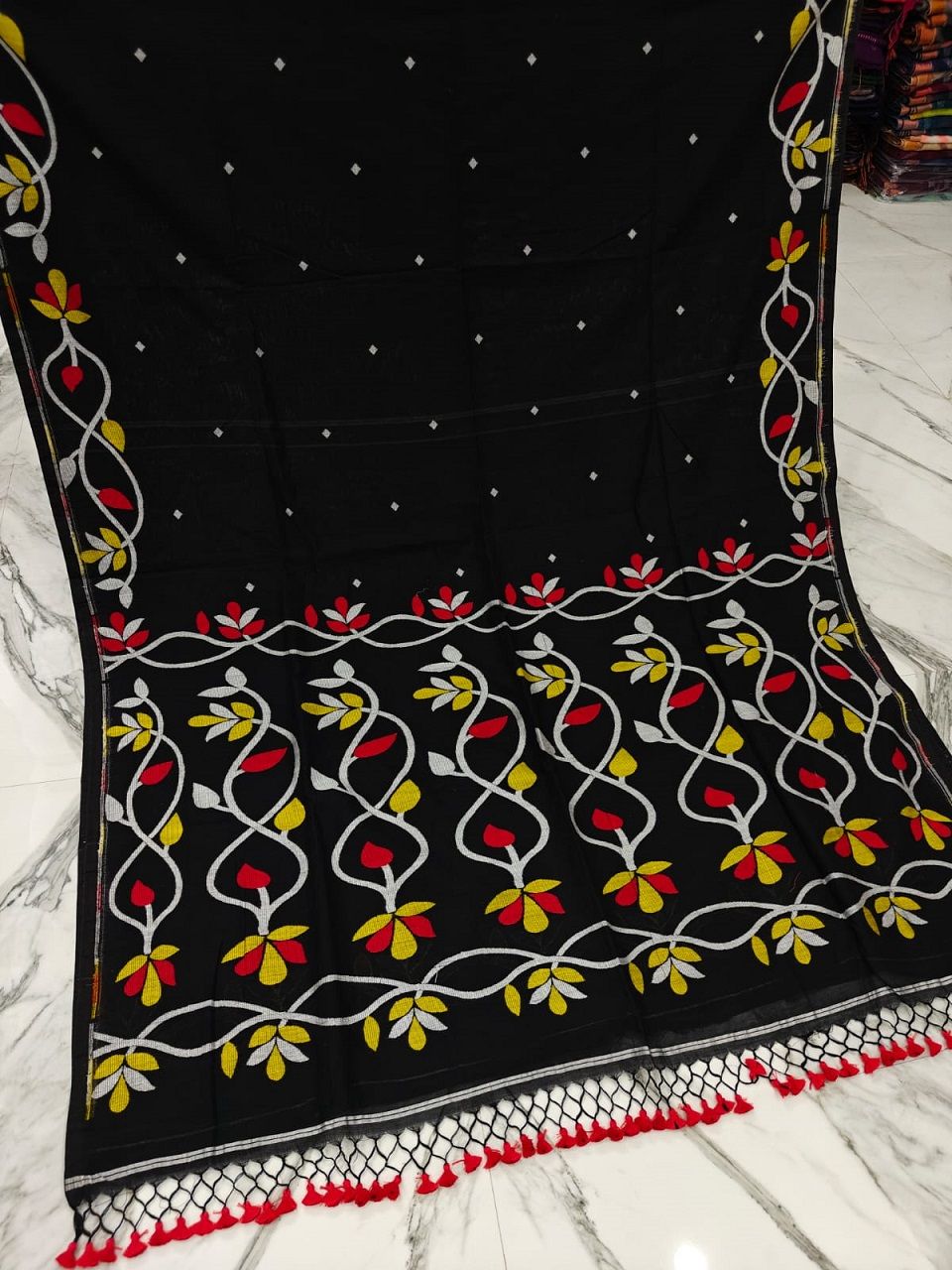 Jet Black White Lota Par Jamdani Pure Cotton Handwoven Saree
