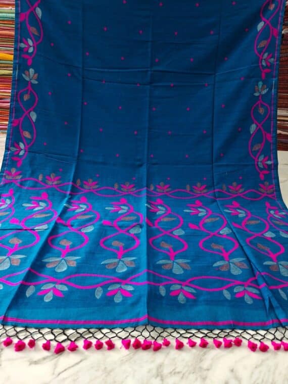 Lovely Blue Lota Par Jamdani Pure Cotton Handwoven Saree