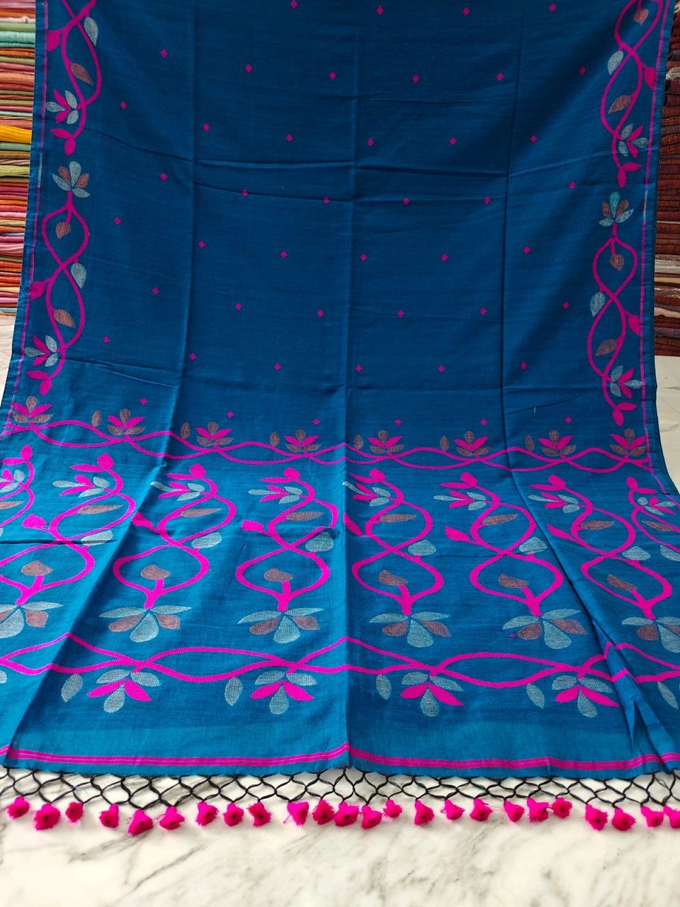 Lovely Blue Lota Par Jamdani Pure Cotton Handwoven Saree