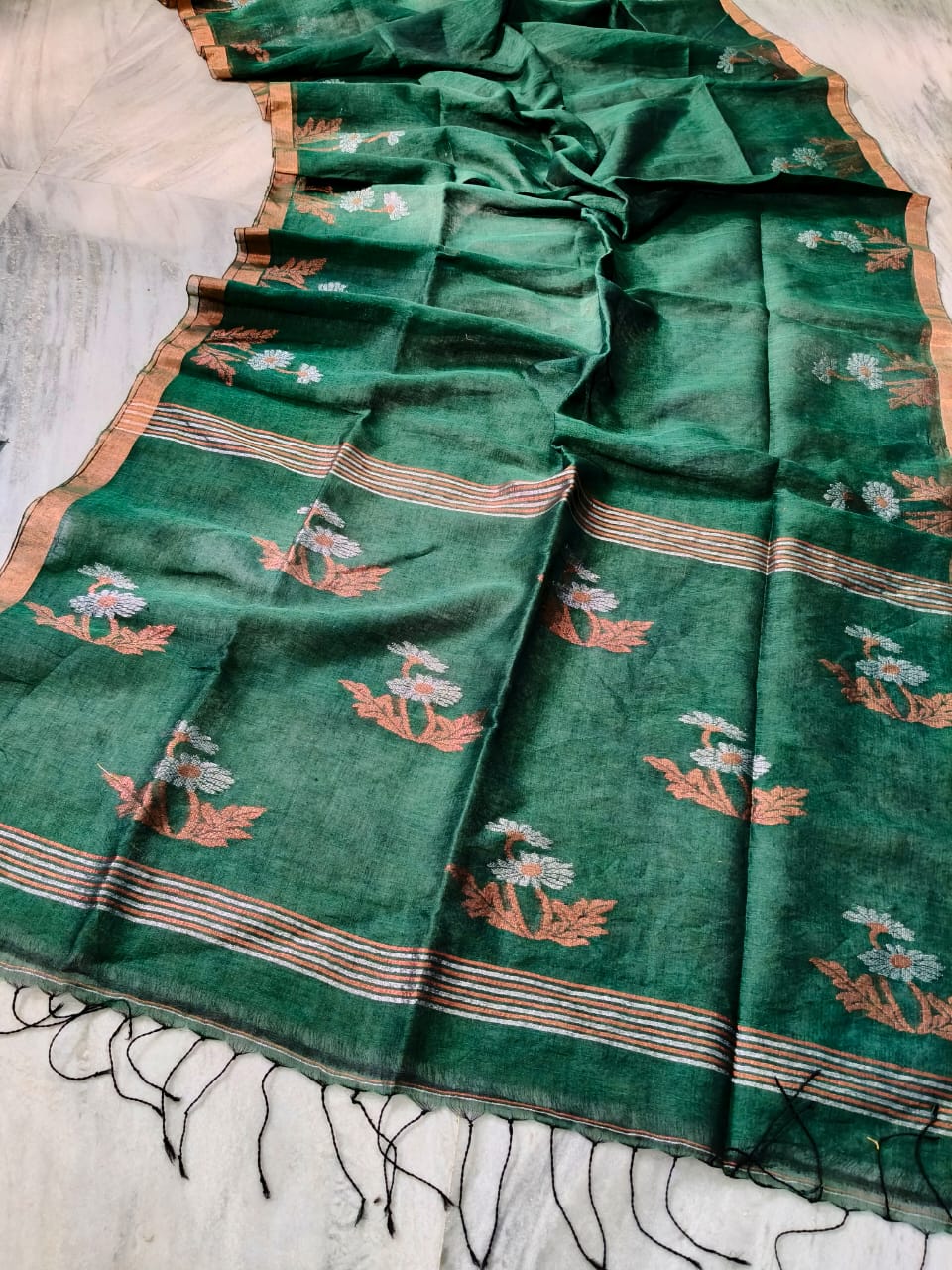 Luminous Green Tissue Linen Saree Handwoven With Floral Design