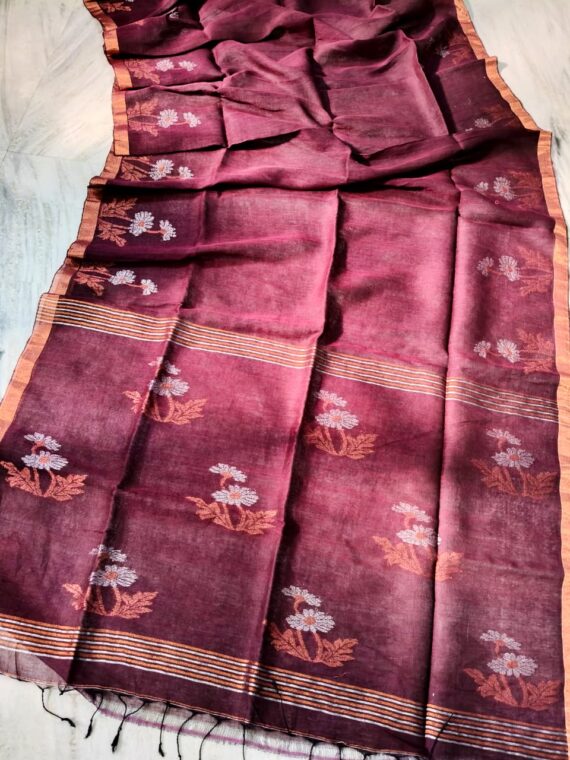 Marvellous Maroon Tissue Linen Saree Handwoven With Floral Design