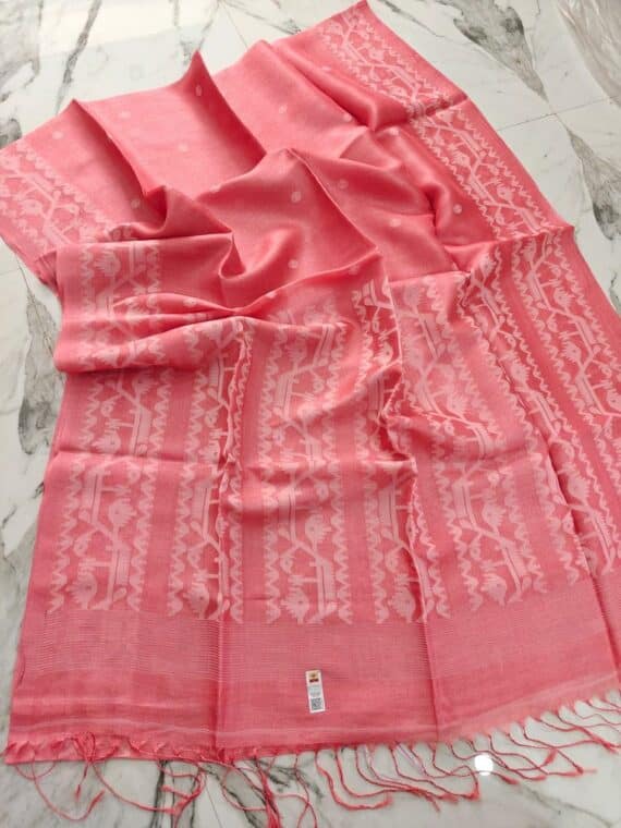 Pretty Peach Pink Pure Tussar Silk Bengal Handwoven Saree