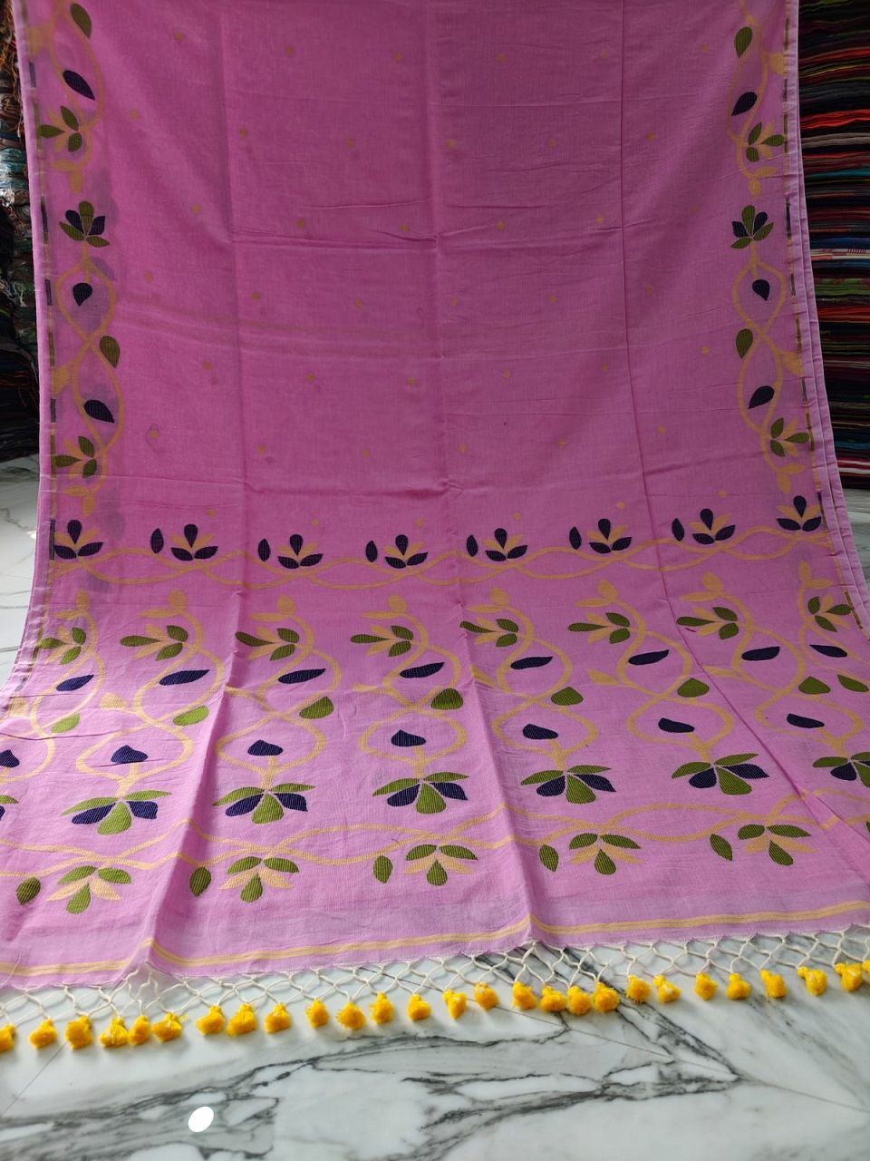 Pretty Pink Yellow Lota Par Jamdani Pure Cotton Handwoven Saree