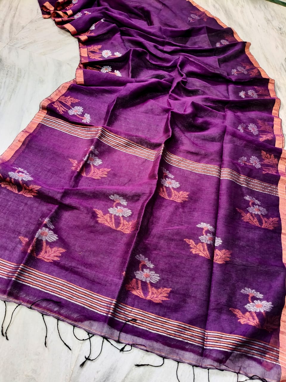 Pretty Purple Tissue Linen Saree Handwoven With Floral Design