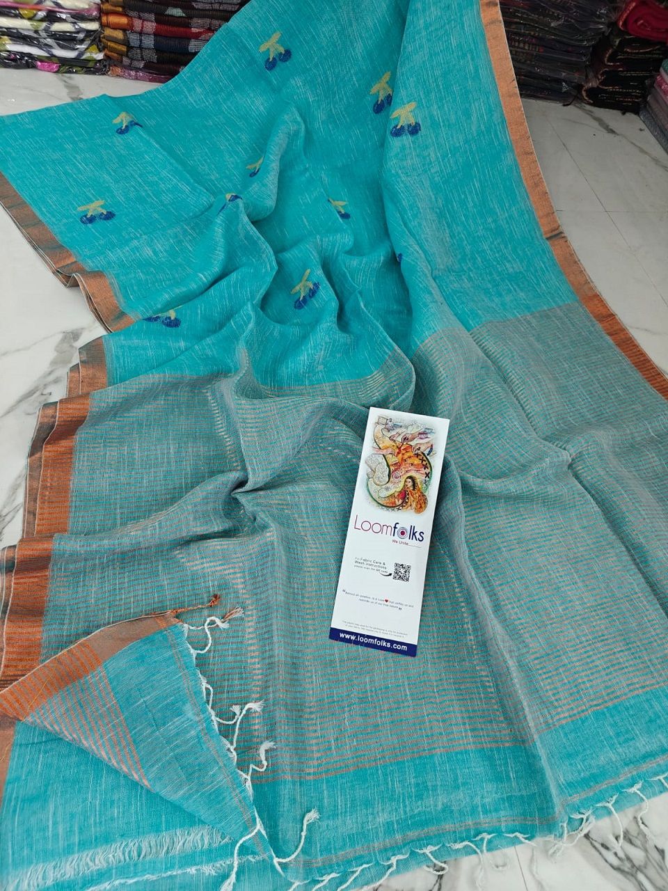 Aqua Blue Handwoven Linen Saree With Cherry Motif
