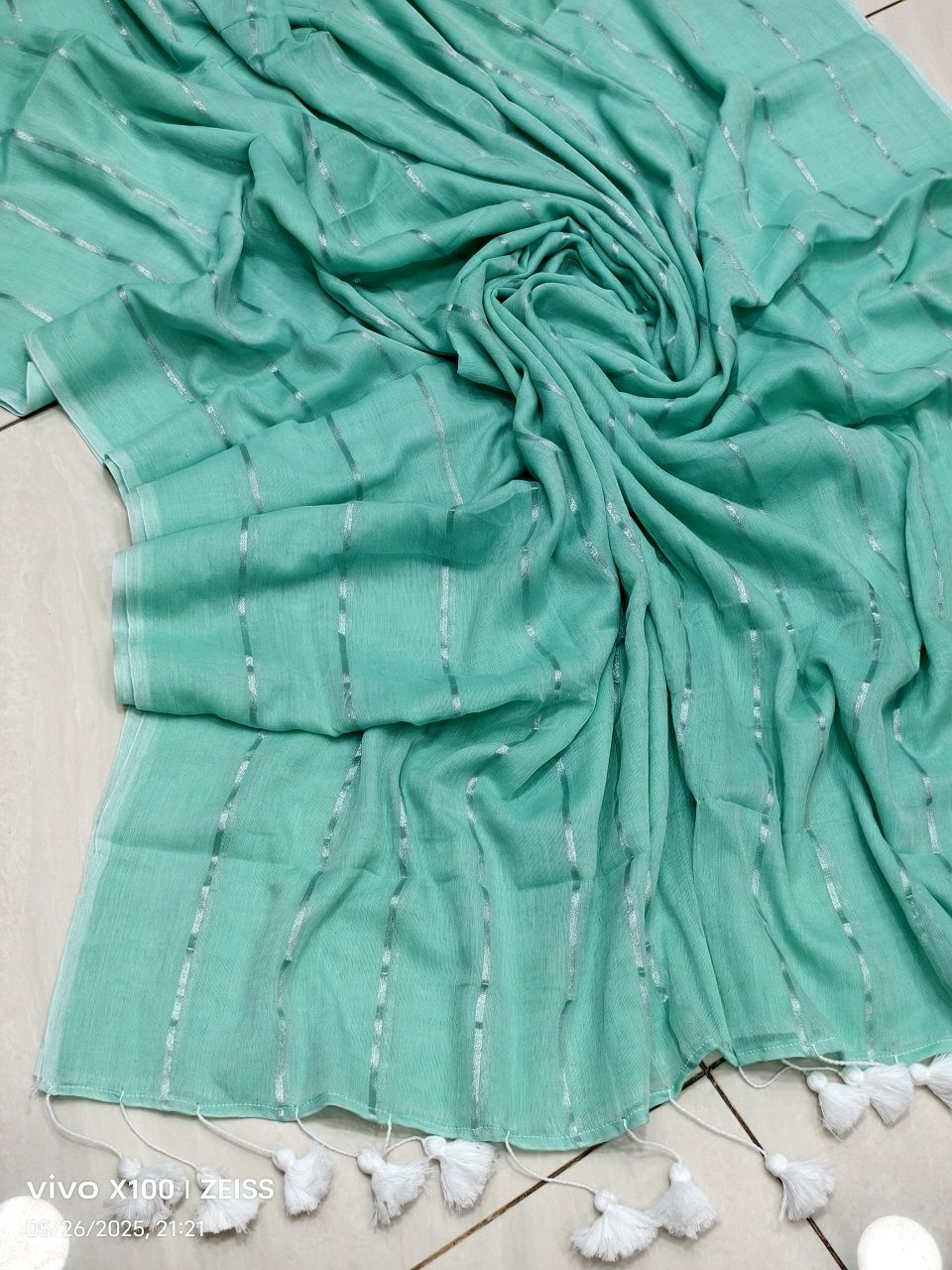 Aqua Green Mul Cotton Zari Stripe Sari Without Blouse Piece