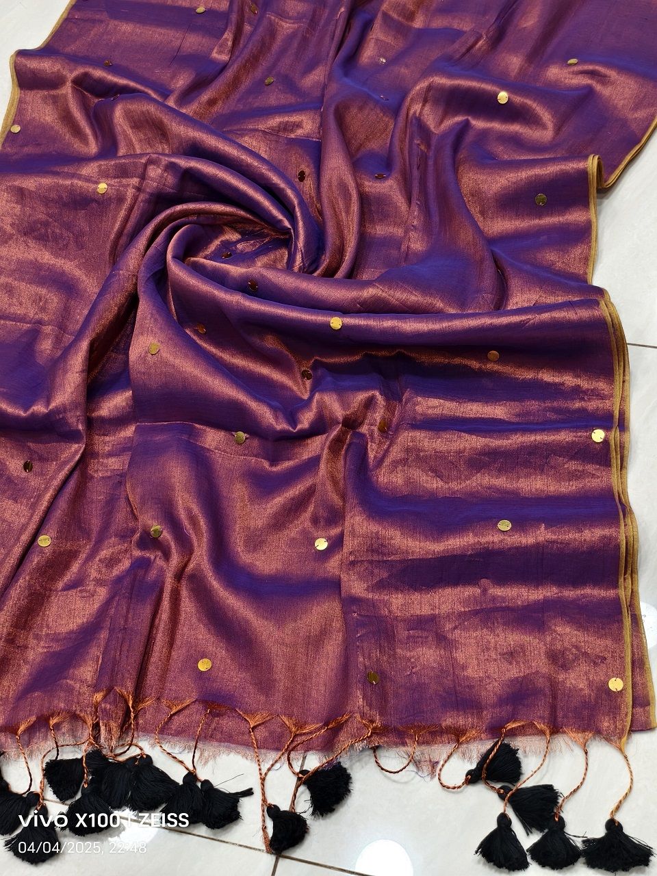 Bluish Copper Cotton Sequins Embeded Saree With Running Blouse