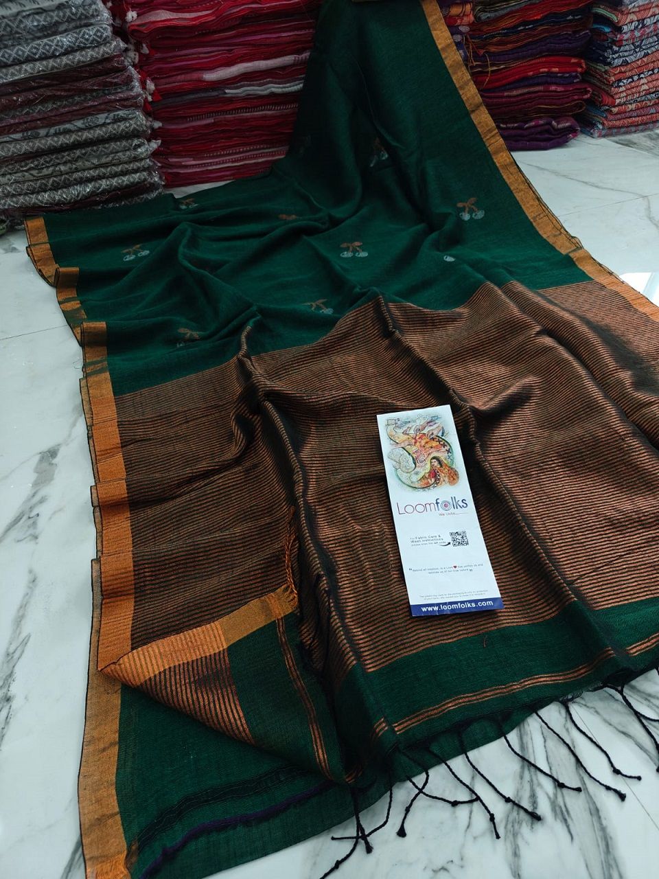 Bottle Green Handwoven Linen Saree With Cherry Motif