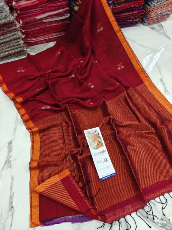 Brick Red Handwoven Linen Saree With Cherry Motif