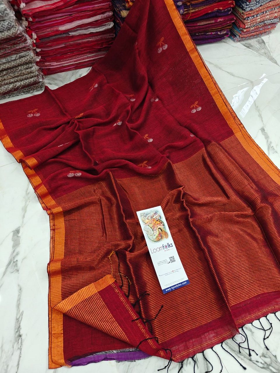 Brick Red Handwoven Linen Saree With Cherry Motif