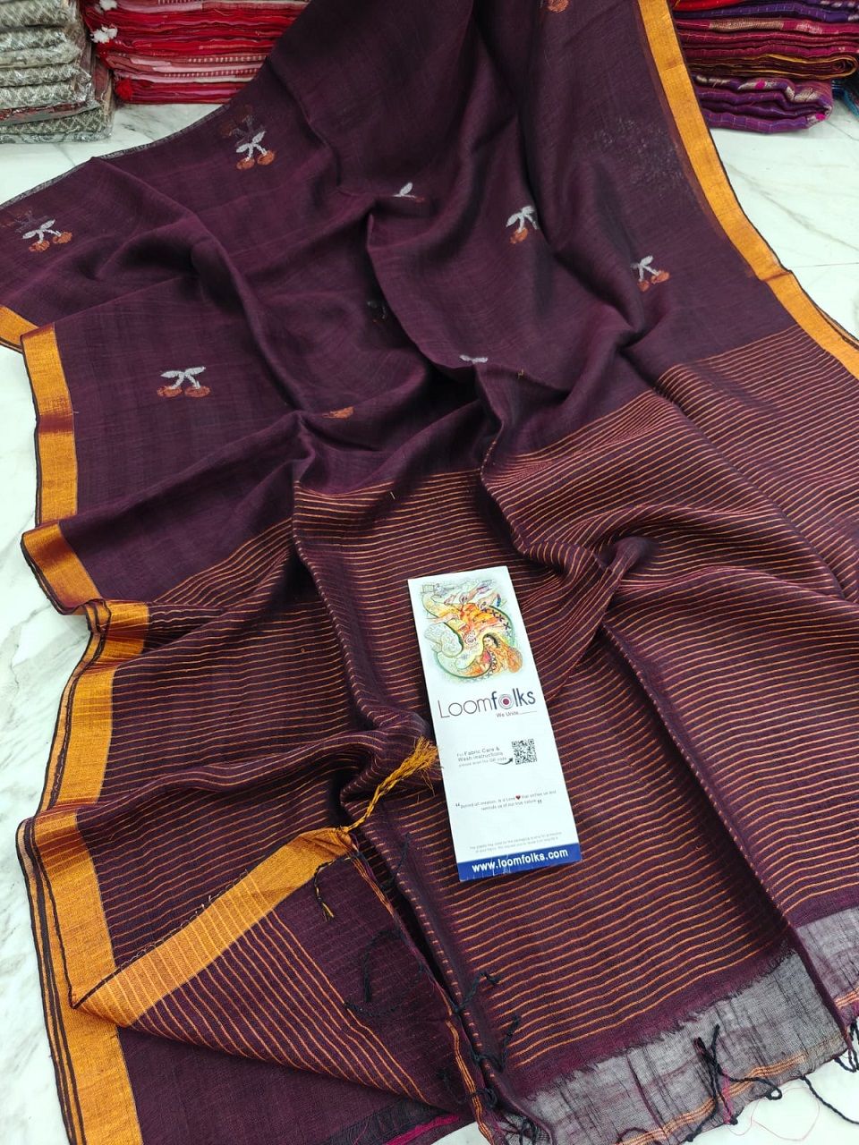 Burgundy Maroon Handwoven Linen Saree With Cherry Motif