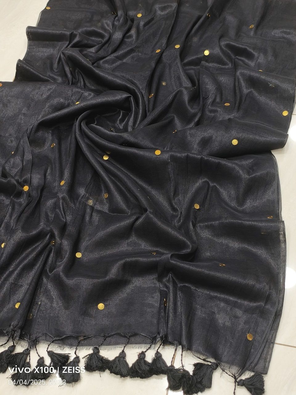 Charcoal Grey Tissue Cotton Sequins Embeded Saree With Running Blouse