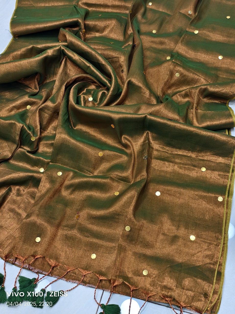 Copper Green Tissue Cotton Sequins Embeded Saree With Running Blouse