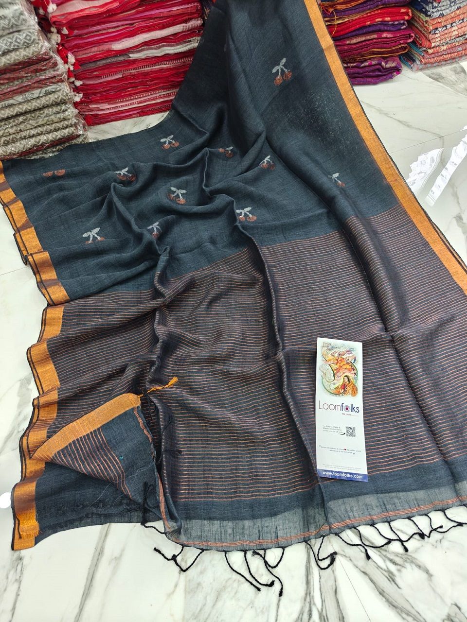 Dark Grey Handwoven Linen Saree With Cherry Motif